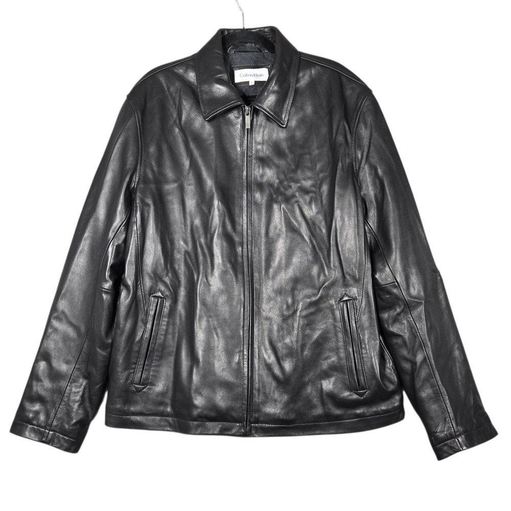 Calvin Klein Leather Jacket Mens Large L Black Full Zip Bomber Outerwear Coat